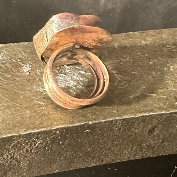 Genuine Jade Brass Copper Ring Size 8.5 Handmade Brutalist OOAK Artisan Rustic - Picture 3 of 10